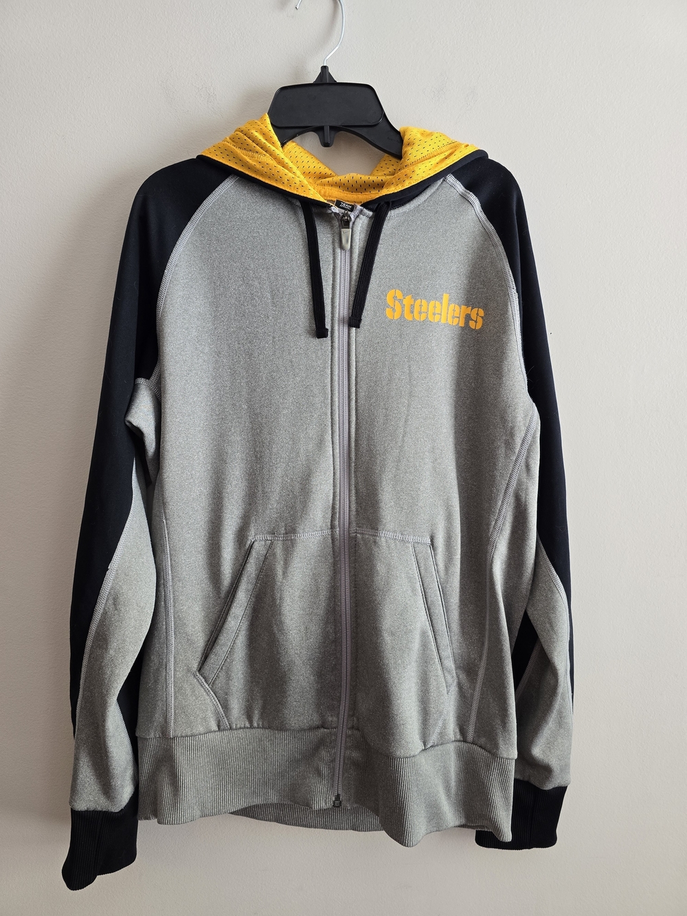 NFL Steelers Gray and Black Zip-Up Hoodie with Yellow Hood Lining